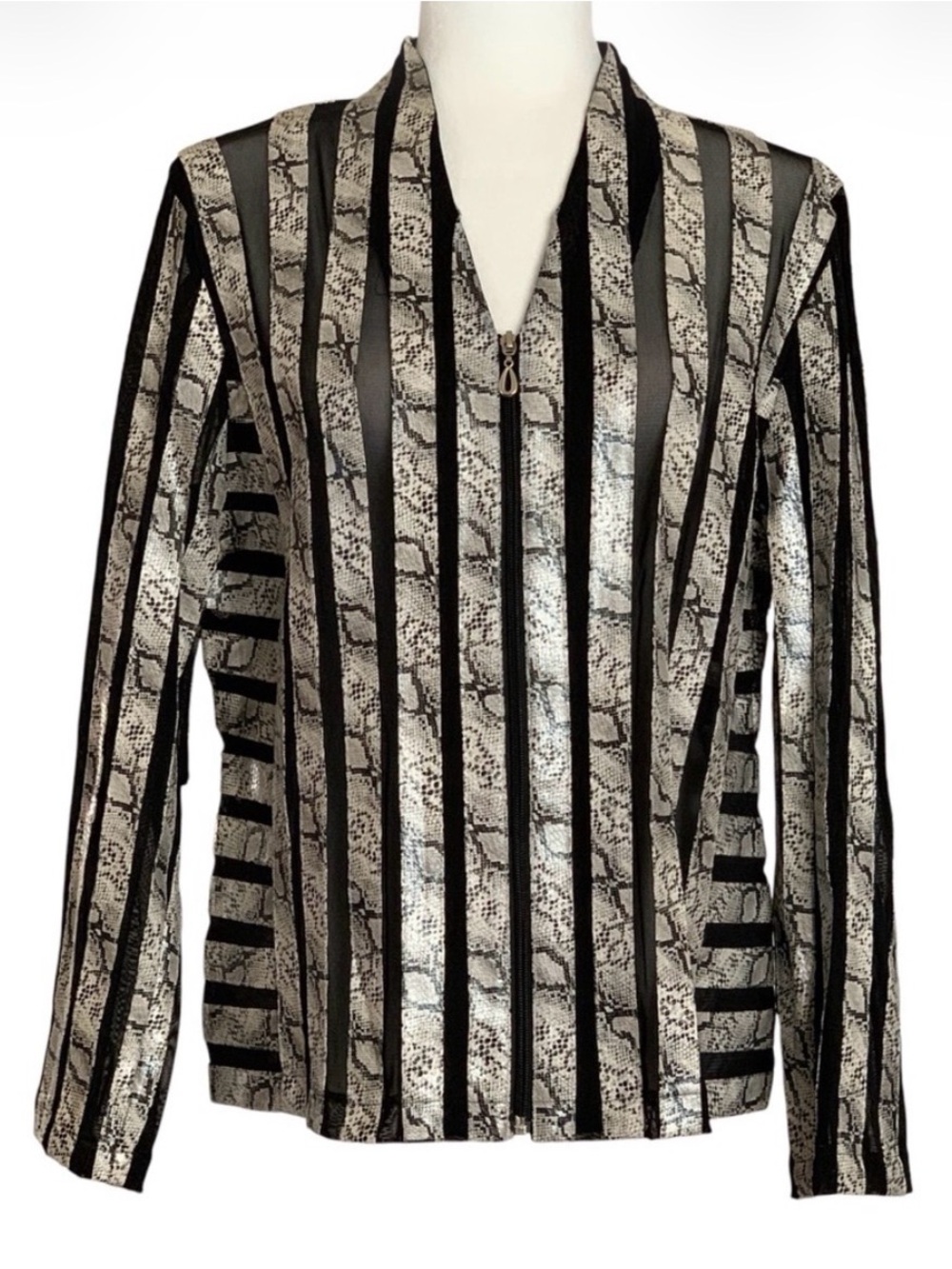 T & W Designs Faux Snakeskin & Black Mesh Striped V-Neck Long-Sleeve Jacket, L